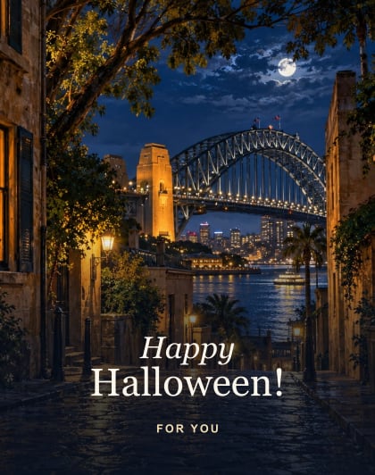 The Rocks at night, Sydney Halloween card