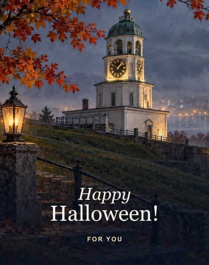 Clock tower mist, Halifax Halloween card