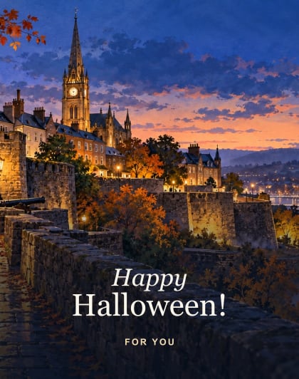 Moon over the walls, Derry/Londonderry Halloween card