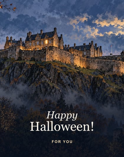 Castle in the mist, Edinburgh Halloween card