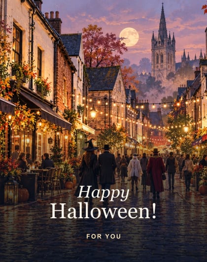 Ashton Lane lights, Glasgow Halloween card
