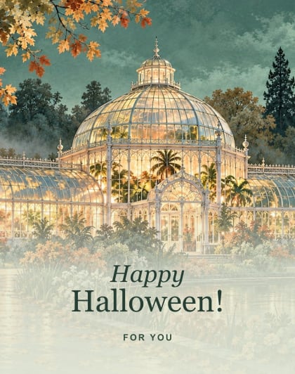 Glasshouse glow (Sage & moonstone), Glasgow Halloween card