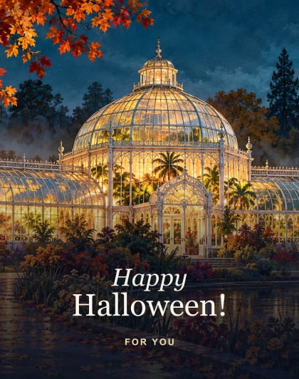 Glasshouse glow, Glasgow Halloween card