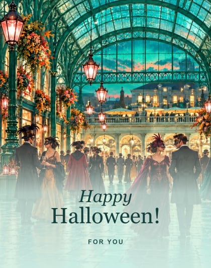 Covent Garden masks (Teal & jade), London Halloween card