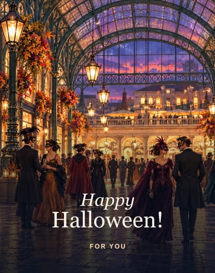 Covent Garden masks, London Halloween card