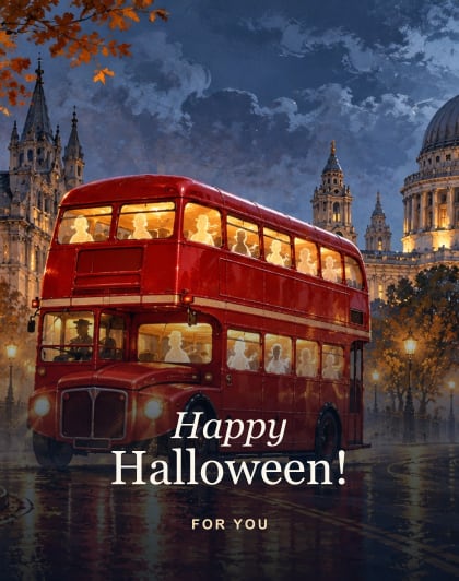 The ghostly bus, London Halloween card