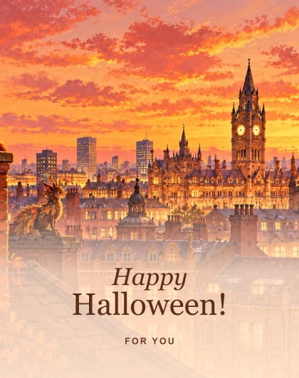 Rooftop creatures (Pumpkin & cream), Manchester Halloween card