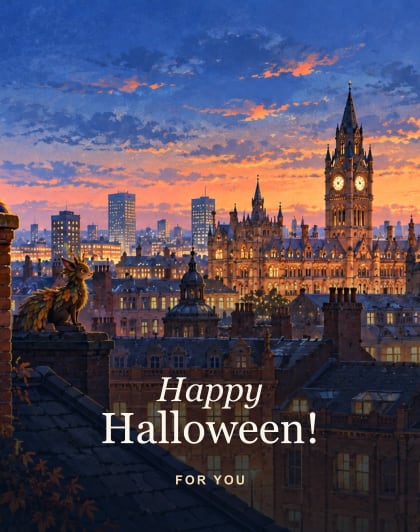Rooftop creatures, Manchester Halloween card