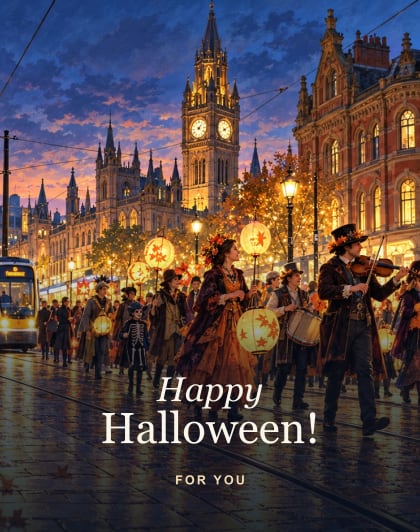 Monster procession, Manchester Halloween card