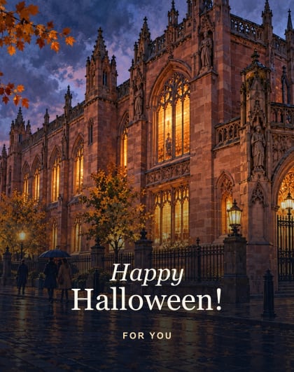 Gothic library, Manchester Halloween card