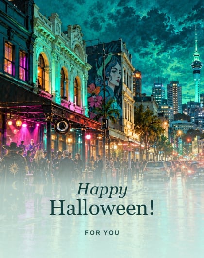 K Road glow (Teal & jade), Auckland Halloween card