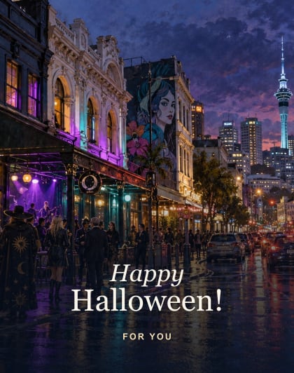 K Road glow, Auckland Halloween card