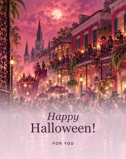 Boo through the Quarter (Berry & rose), New Orleans Halloween card