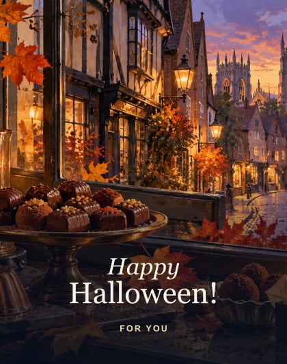 A chocolate treat, York Halloween card