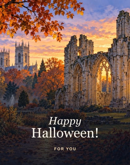Ghosts in the gardens, York Halloween card